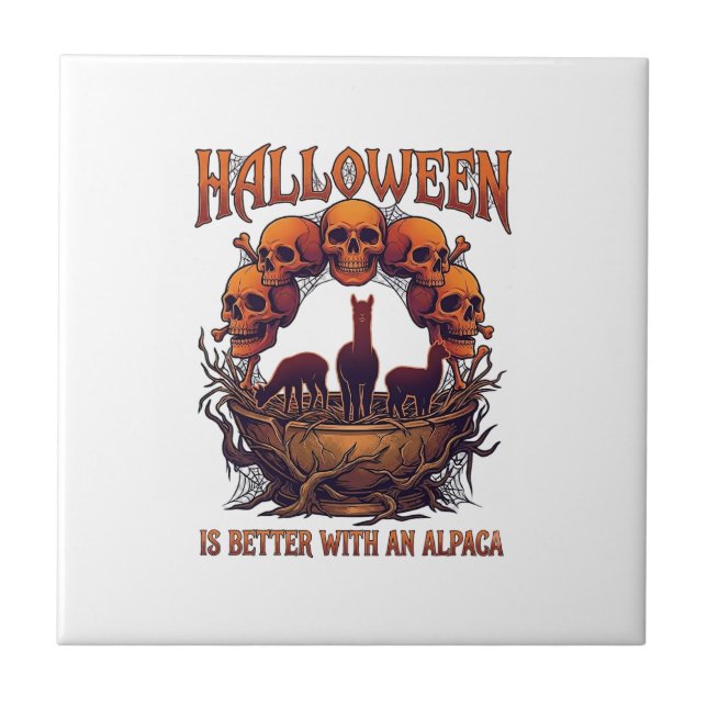 Halloween är Bättre Lama Orange Dödskallar Spindel Kakelplatta (Framsidan)