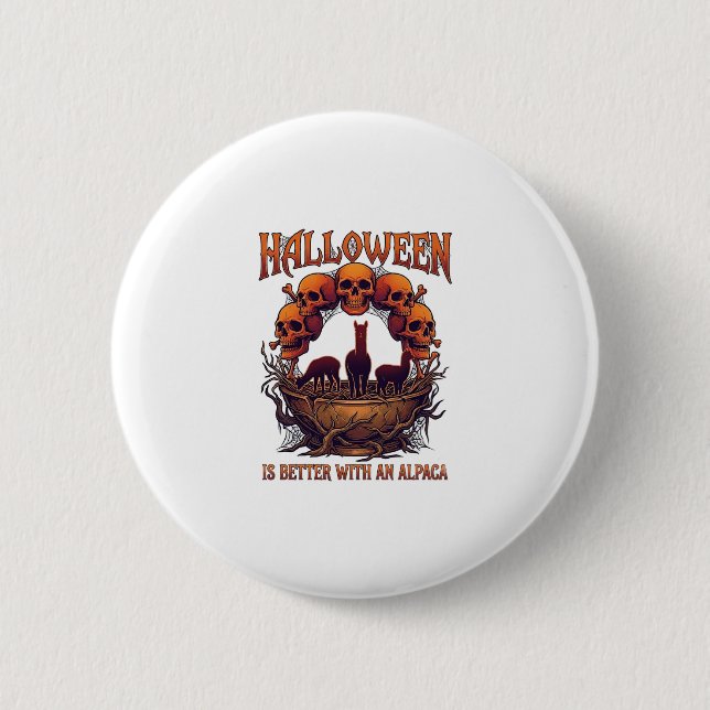 Halloween är Bättre Lama Orange Dödskallar Spindel Knapp (Framsida)