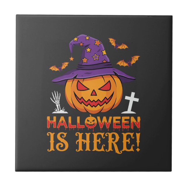 Halloween Är Här Häxa Pumpa Vektor Kakelplatta (Framsidan)