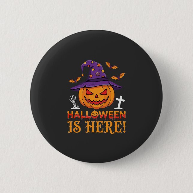 Halloween Är Här Häxa Pumpa Vektor Knapp (Framsida)