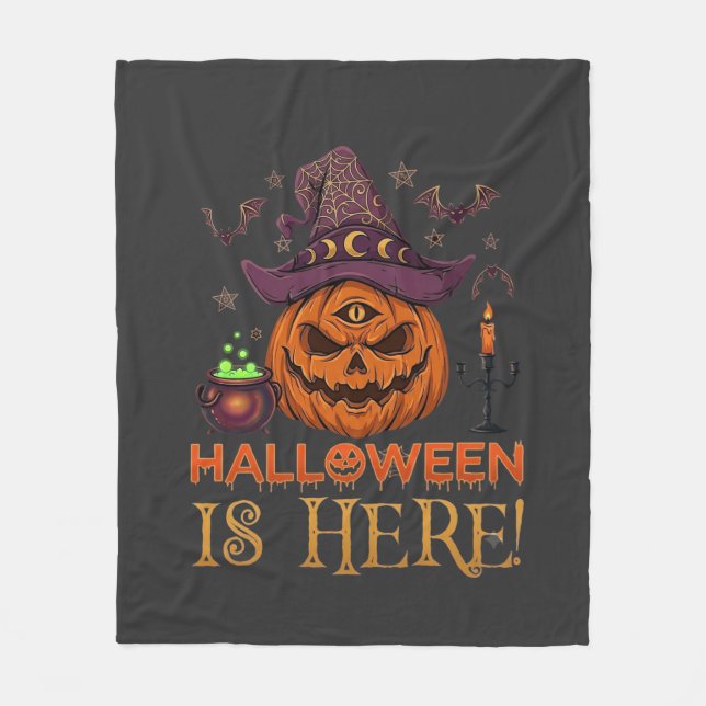 Halloween Är Här Pumpa Häxa Hatt Magi Kittel Fleecefilt (Framsidan)