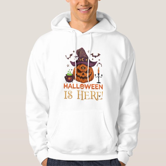 Halloween Är Här Pumpa Häxa Hatt Magi Kittel Hoodie (Framsida)
