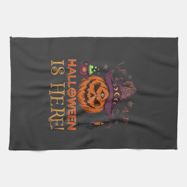Halloween Är Här Pumpa Häxa Hatt Magi Kittel Kökshandduk (Horisontell)