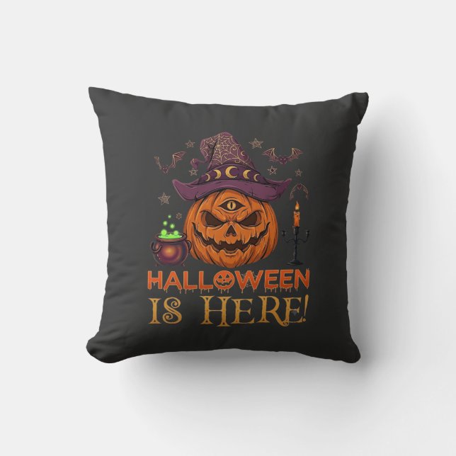 Halloween Är Här Pumpa Häxa Hatt Magi Kittel Kudde (Framsida)