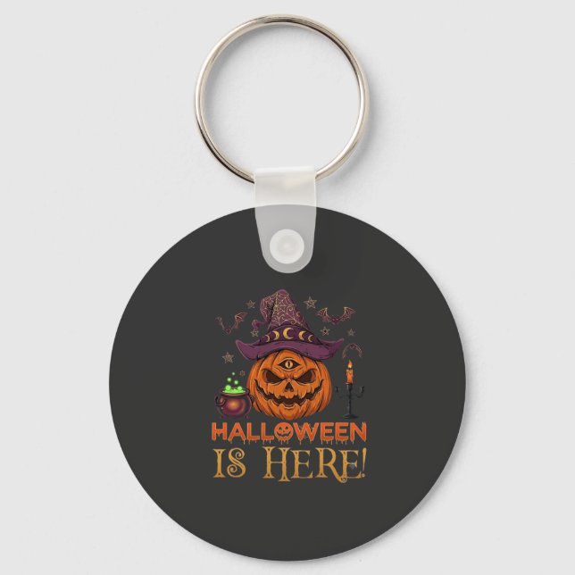 Halloween Är Här Pumpa Häxa Hatt Magi Kittel Nyckelring (Framsida)
