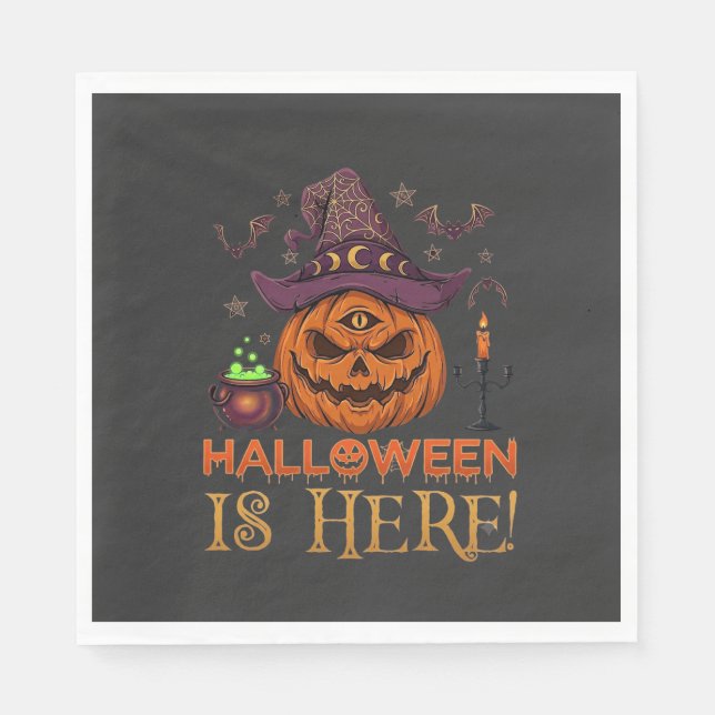 Halloween Är Här Pumpa Häxa Hatt Magi Kittel Pappersservett (Framsidan)