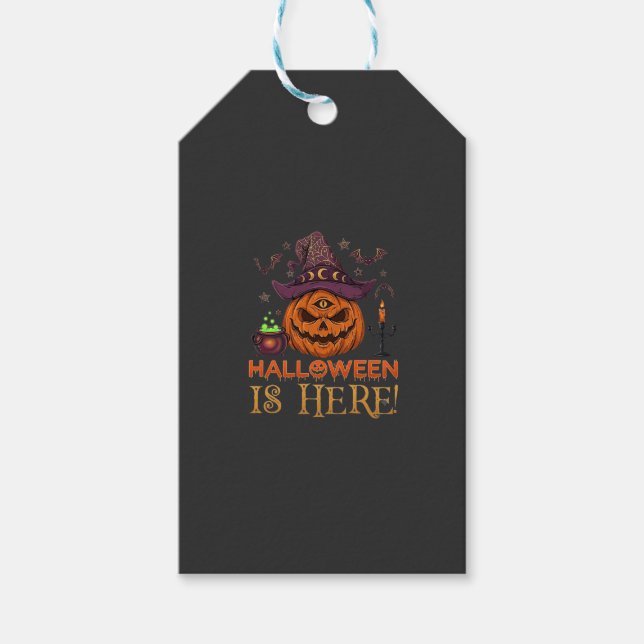 Halloween Är Här Pumpa Häxa Hatt Magi Kittel Presentetikett (Framsidan)