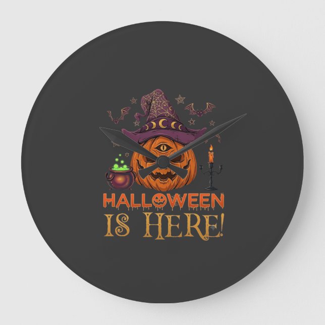 Halloween Är Här Pumpa Häxa Hatt Magi Kittel Stor Klocka (Framsida)