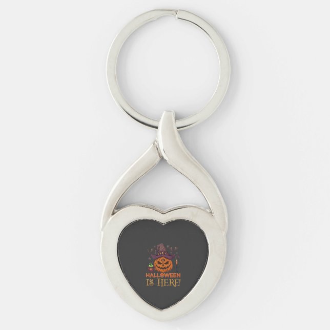 Halloween Är Här Pumpa Häxa Hatt Magi Kittel Twisted Heart Silverfärgad Nyckelring (Framsidan)