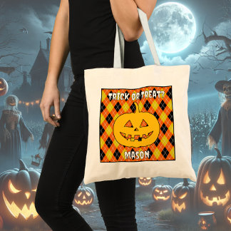Halloween Argyle Trick-or-Treat Bag med pumpkin Tygkasse