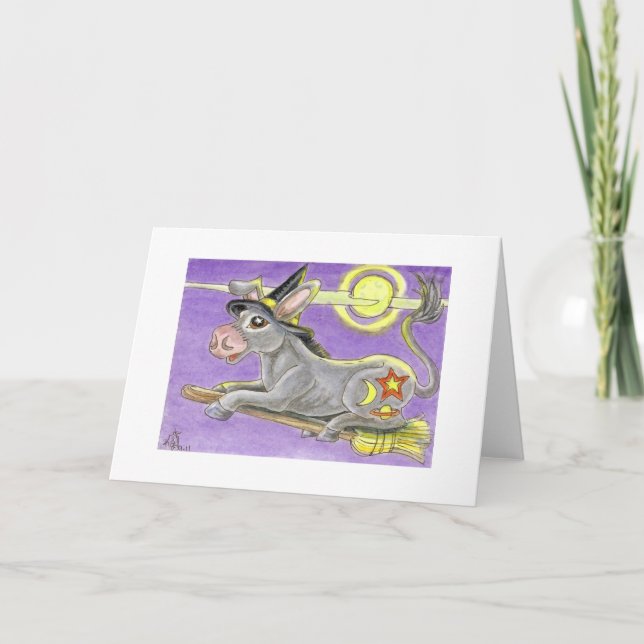 Halloween åsnahäxa och flygkvast kort (Framsida)