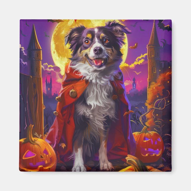 Halloween Australian Shepherd Hund Pumpa Skräckinj Magnet (Framsidan)