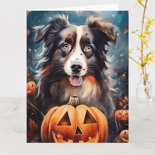 Halloween Australian Shepherd Med Pumpa Skräck Kort (Gul blomma)