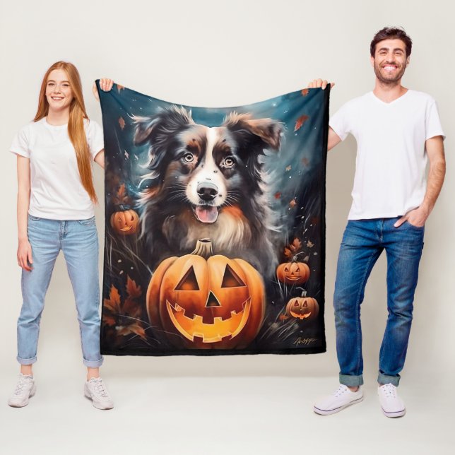 Halloween Australian Shepherd Med Pumpor Skräckinj Fleecefilt (På plats)