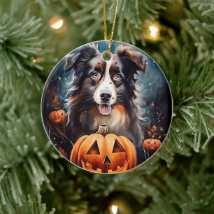 Halloween Australian Shepherd Med Pumpor Skräckinj Julgransprydnad Keramik