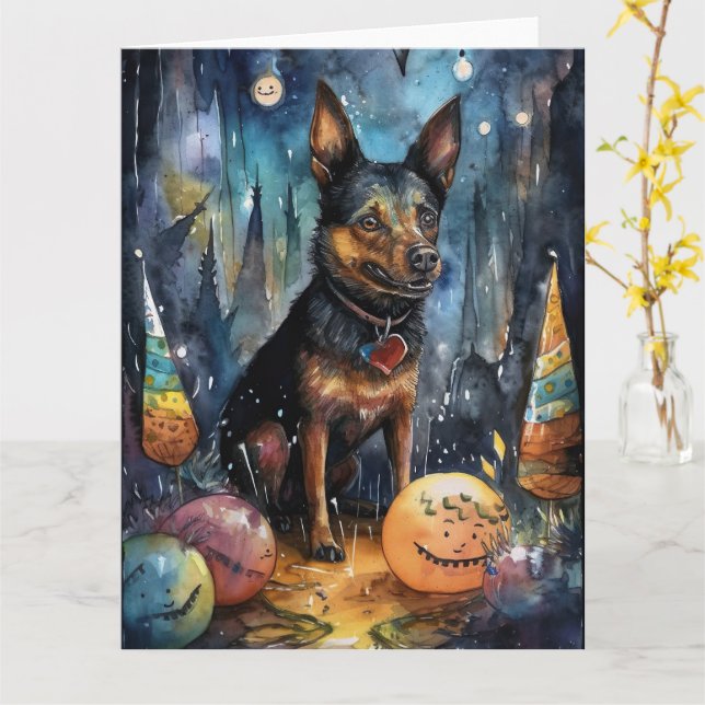 Halloween australisk kelpie med pumpor läskig kort (Gul blomma)