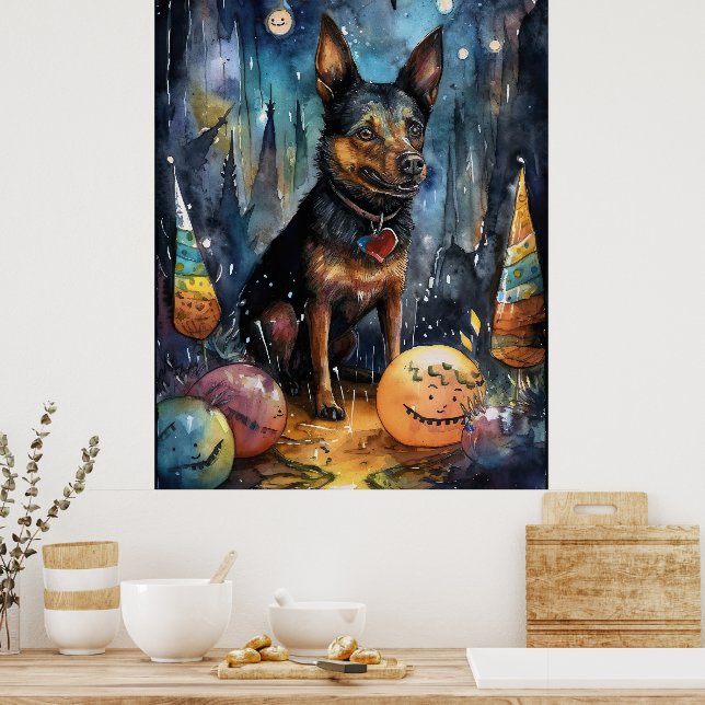 Halloween Australsk Kelpie Med Pumpor Skräckinjaga Poster (Kök)