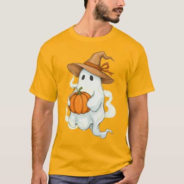 Halloween Autumn Ghost med Pumpkin T Shirt (Framsida)