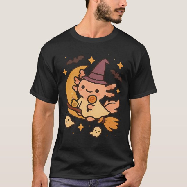 Halloween Axolotl Witch Broom Kawaii Ghost Pumpkin T Shirt (Framsida)