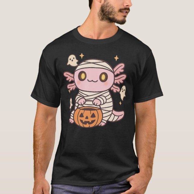 Halloween Axolotl Witch Mummy Kawaii Ghost Pumpkin T Shirt (Framsida)