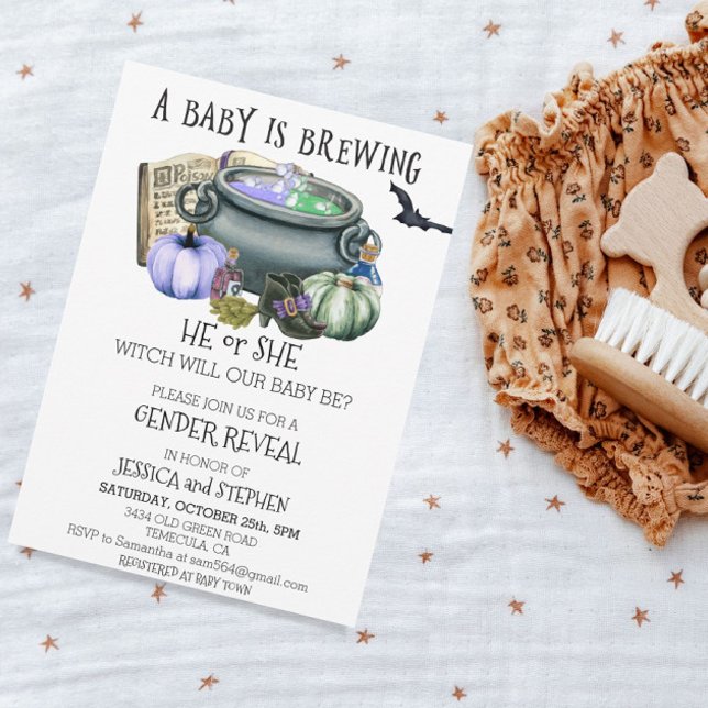 Halloween Baby Brewing Witch Gender Reveal Inbjudningar (Skapare uppladdad)