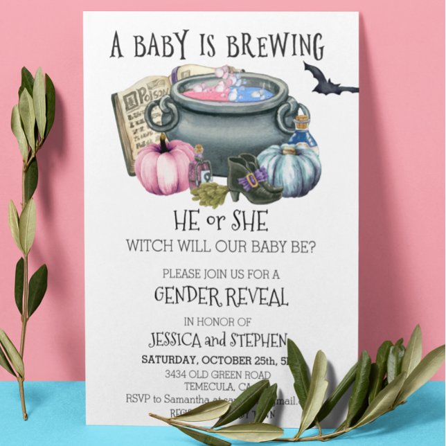 Halloween Baby Brewing Witch Gender Reveal Inbjudningar (Skapare uppladdad)