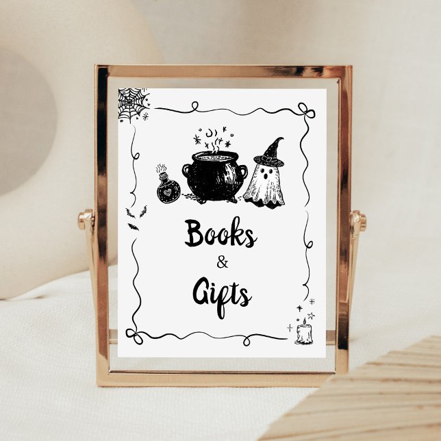 Halloween Baby is Brewing Böcker och Gåvor Skylt (Hand Drawn A Baby is Brewing Baby Shower Books and Gifts Sign)