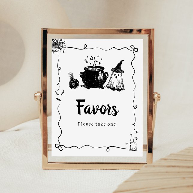 Halloween Baby is Brewing Fördelar Tecken Poster (Hand Drawn A Baby is Brewing Baby Shower Favors Sign)