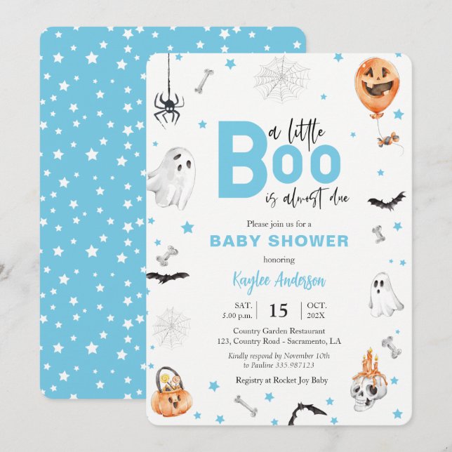 Halloween Baby Shower Blue-spökinbjudan Inbjudningar (Fram/baksida)