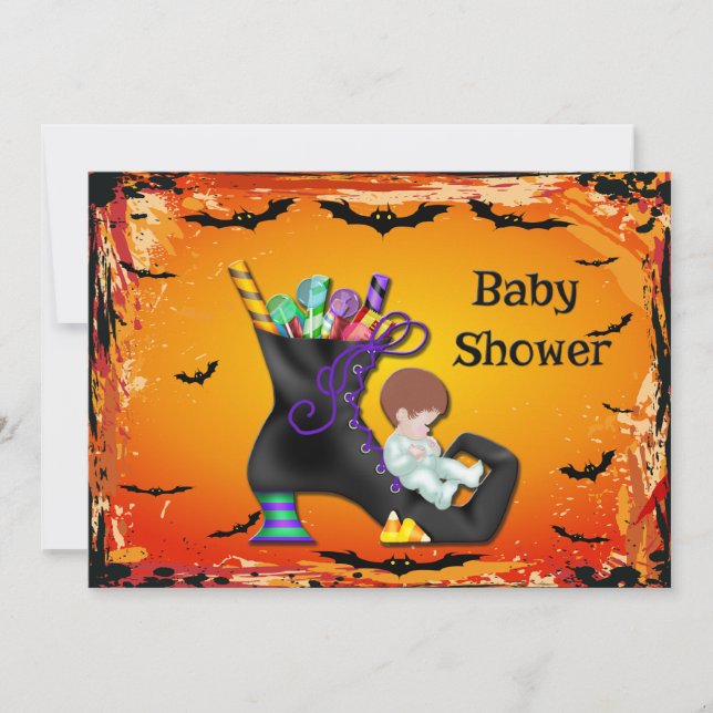 Halloween Baby Shower Boy på Candy Witch Boot Inbjudningar (Framsida)