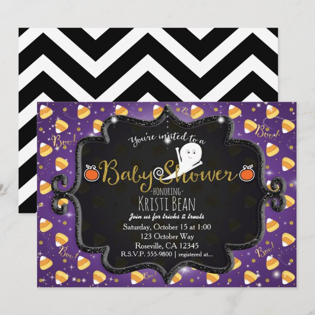 HALLOWEEN BABY SHOWER Candy corn Ghost-inbjudan Inbjudningar (Fram/baksida)