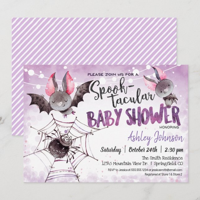 Halloween Baby Shower, Fladdermus inbjudan (Fram/baksida)