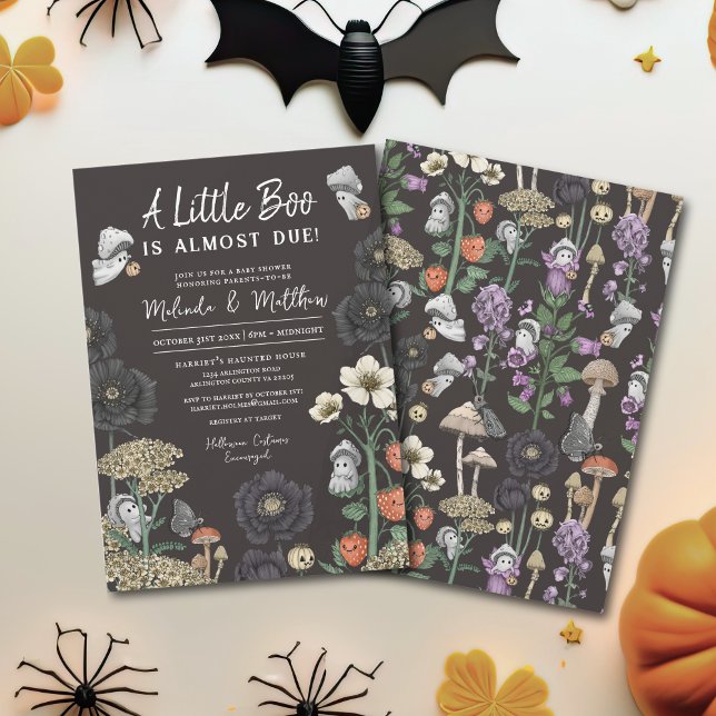 Halloween Baby Shower för Modern Black Spöken-kod Inbjudningar (Black a little boo is almost due halloween baby shower invitations)