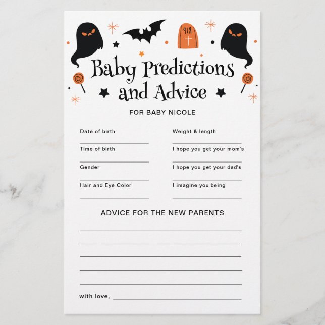 Halloween Baby Shower Förutsägelser Råd Spel (Framsida)