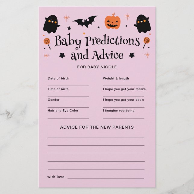 Halloween Baby Shower Förutsägelser Råd Spel (Framsida)