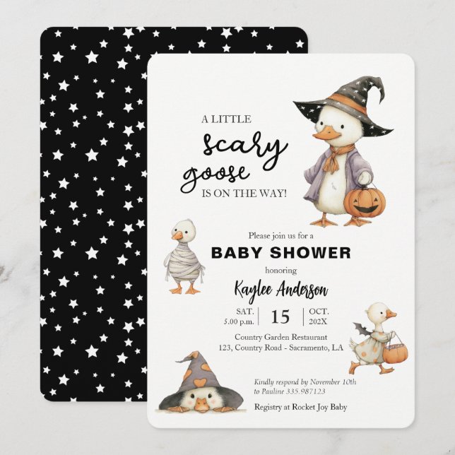 Halloween Baby Shower-gås häxa inbjudan (Fram/baksida)