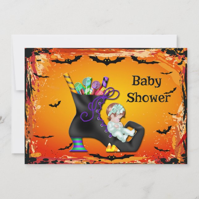 Halloween Baby Shower Girl på Candy Witch Boot Inbjudningar (Framsida)