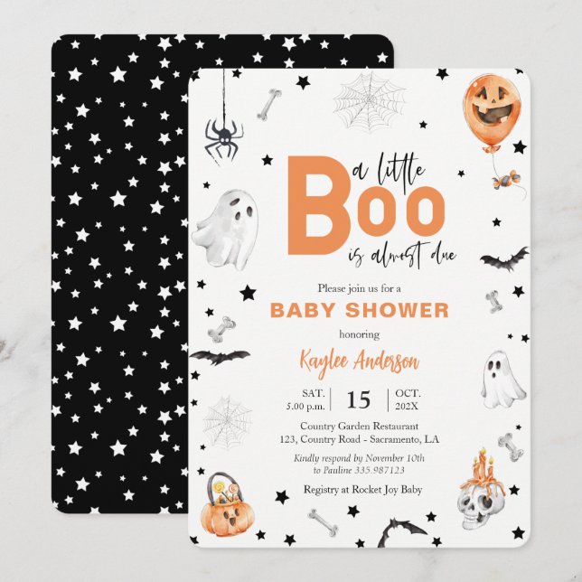 Halloween Baby Shower Little Boo Svart inbjudan (Fram/baksida)