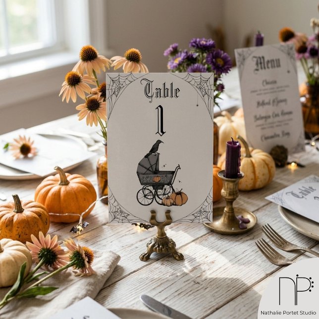 Halloween Baby Shower Ljusgrå Bordnummer Bordsnummer (Hand drawn Halloween baby carriage table number in light gray with a chic noir aesthetic)