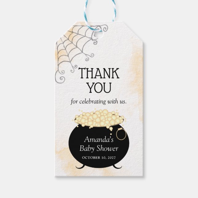 Halloween Baby Shower Neutralt Witch Brew Tack Presentetikett (Framsidan)