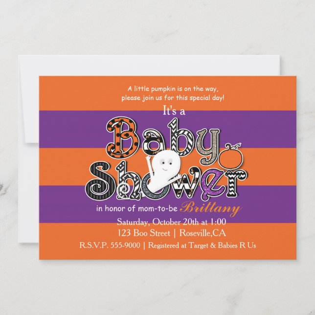 Halloween BABY SHOWER Orange Lila Inbjudan. Inbjudningar (Framsida)