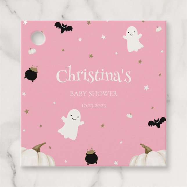 Halloween Baby Shower Pastel Rosa Gåvor Etiketter (Framsida)