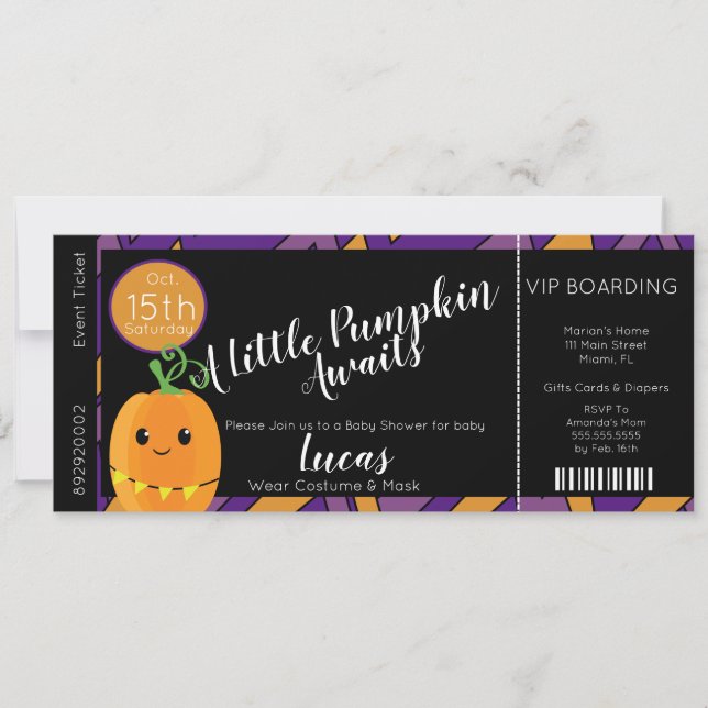 Halloween Baby Shower Pumpa Biljett Inbjudan (Framsida)
