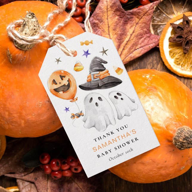 Halloween Baby Shower Tack Presentetikett (Little boo Halloween baby shower thank you favor tag featuring watercolor ghosts and candy corn.)