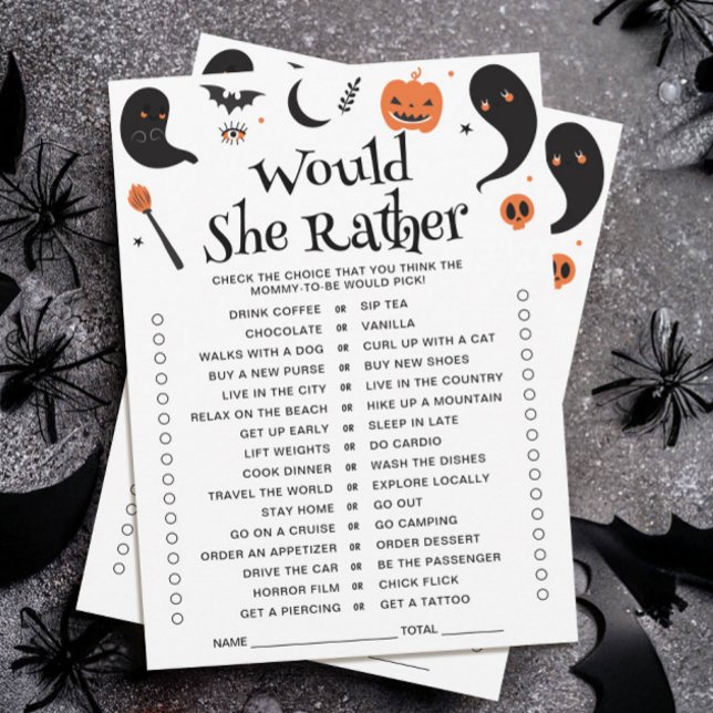Halloween Baby Shower Would She Rather Spelkort Inbjudningar (Skapare uppladdad)