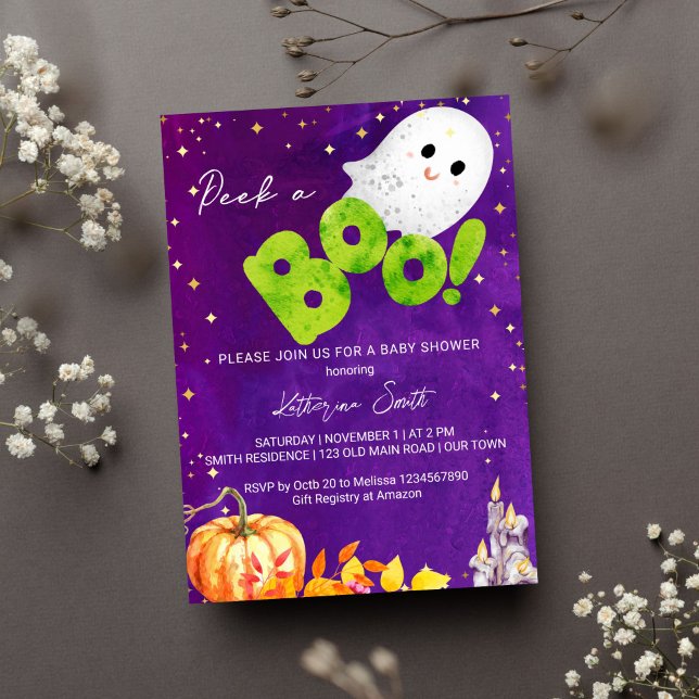 Halloween-babydusch söt baby-spöke inbjudningar (Halloween peek a boo baby shower template invitation cute baby ghost pumpkin purple green and orange)