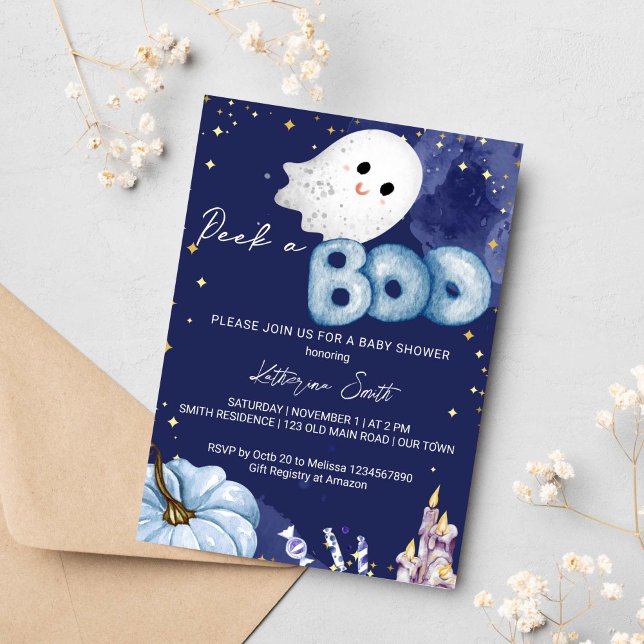 Halloween-babydusch söt baby-spöke inbjudningar (Peek a boo Halloween baby shower invitation instant download cute baby ghost pumpkin navy blue)