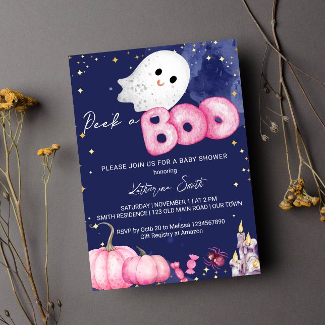 Halloween-babydusch söt baby-spöke inbjudningar (Peek a boo Halloween girl baby shower pink pumpkin cute ghost starry blue background )