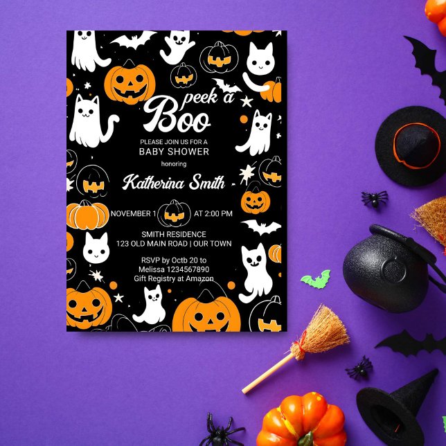 Halloween-babydusch söt katt spöken inbjudningar (Peek a boo Halloween baby shower template invitation digital download cute cat baby ghosts pumpkins)