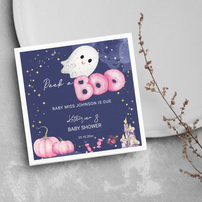 Halloween-babydusch-tabb söt kika upp ett boo pappersservett (Halloween peek a boo girls baby shower personalized napkins cute baby ghost pink pumpkins)